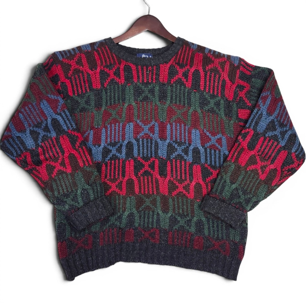 Vintage Woolrich 100% Wool Sweater Geometric Coogi Style Knit 80s Large - Picture 1 of 8